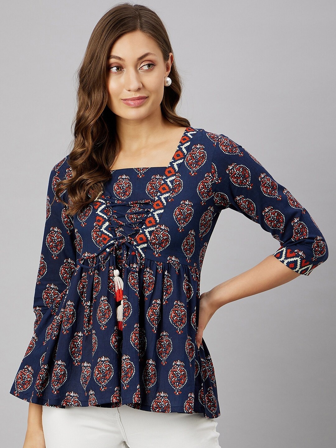 

Azira Ethnic Motifs Printed Tie-Up Detail Pleated A-Line Pure Cotton Top, Navy blue