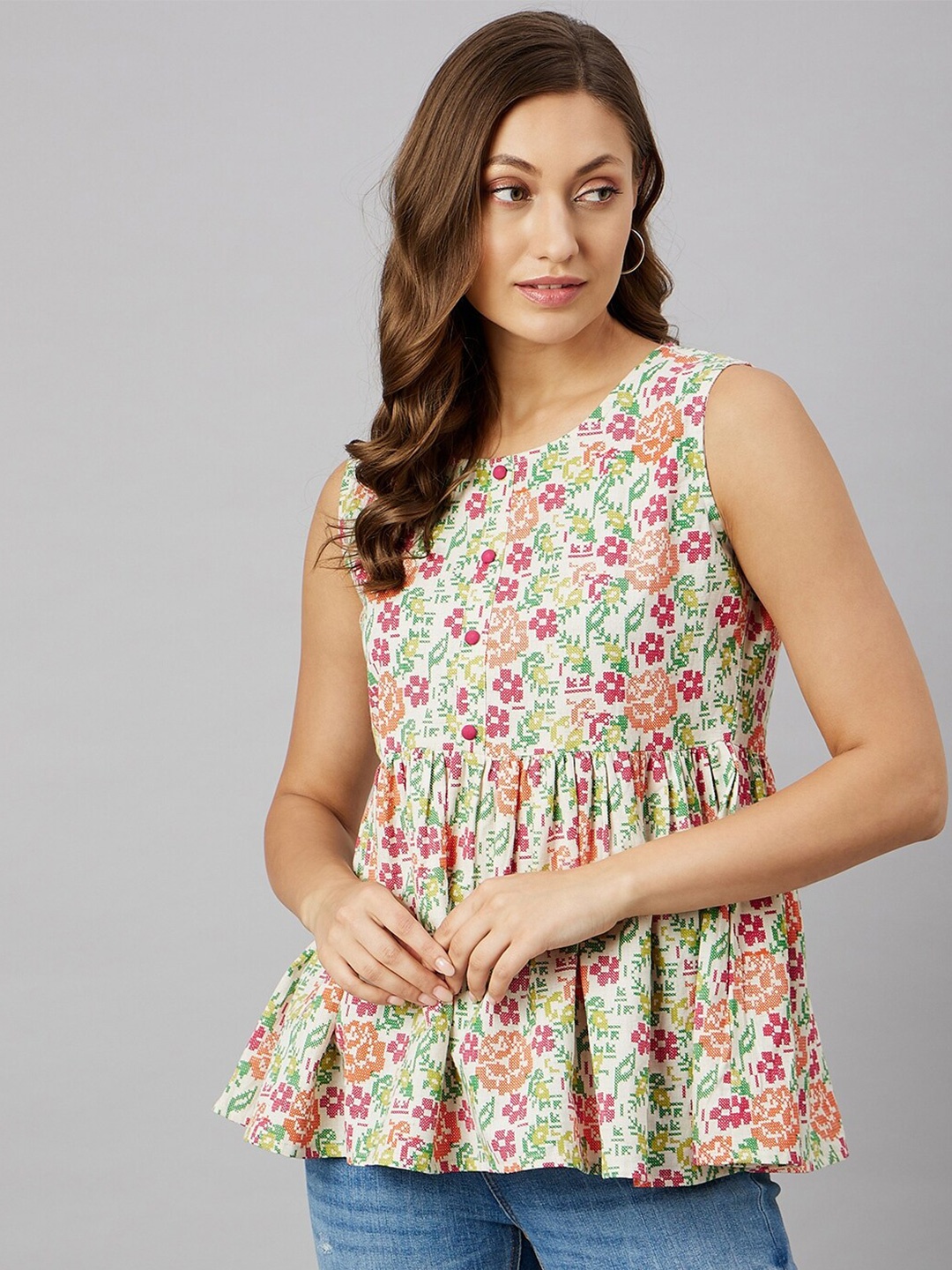 

Azira Floral Printed Pleated A-Line Top, Off white