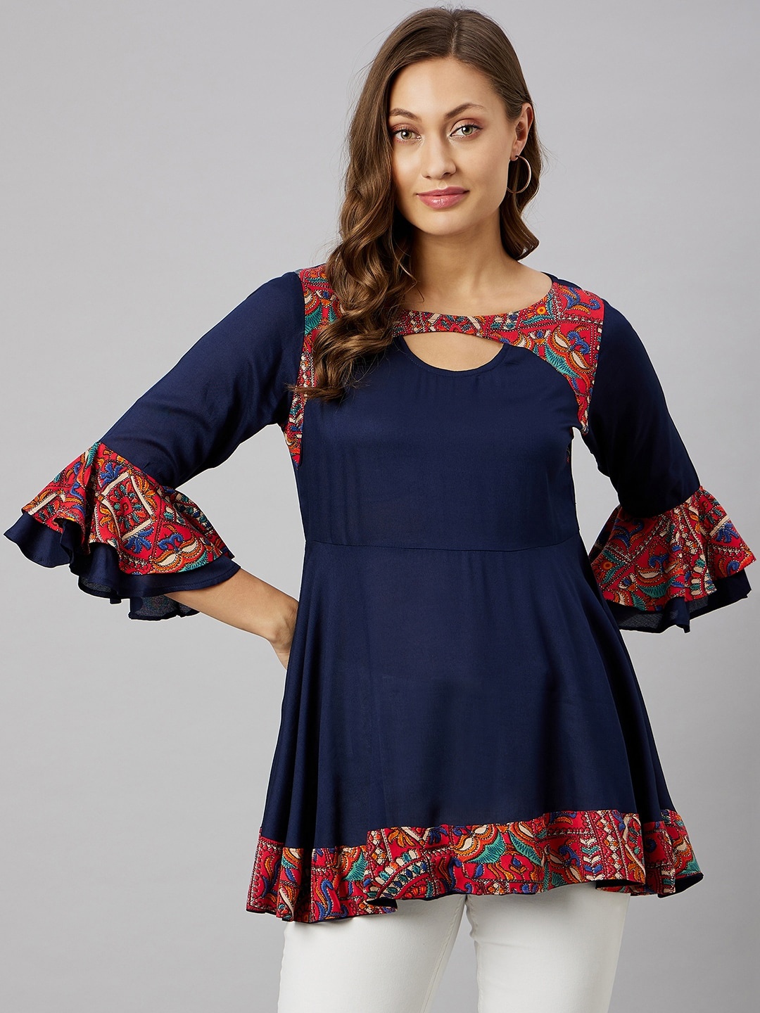 

Azira Ethnic Motifs Printed Bell Sleeve Longline Peplum Top, Navy blue