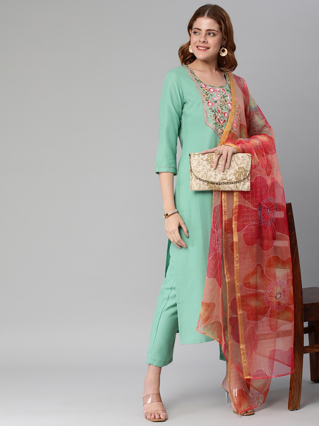 

KALINI Floral Embroidered Kurta with Trousers & Dupatta, Sea green