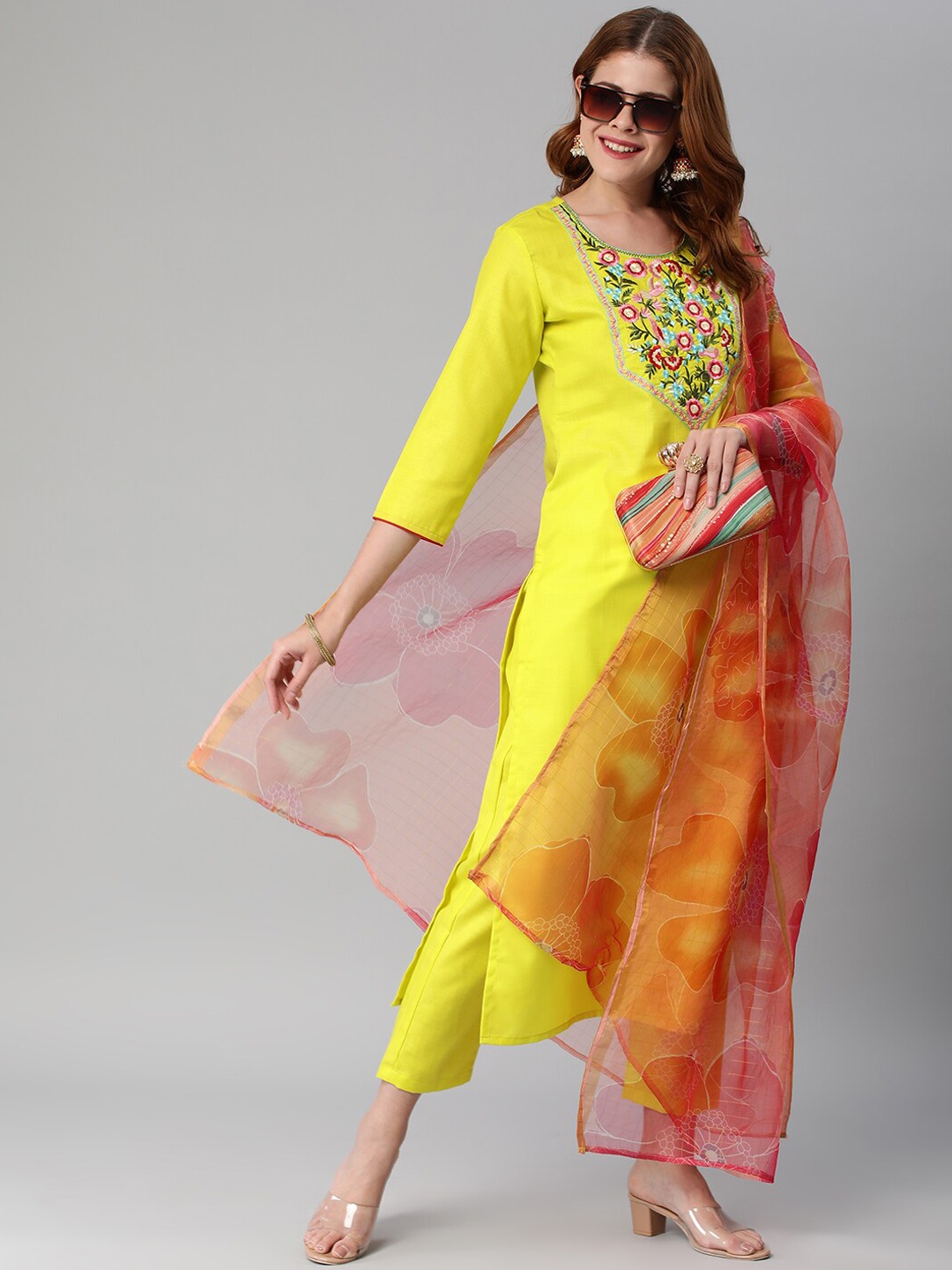 

KALINI Floral Embroidered Straight Kurta with Trousers & Dupatta, Lime green