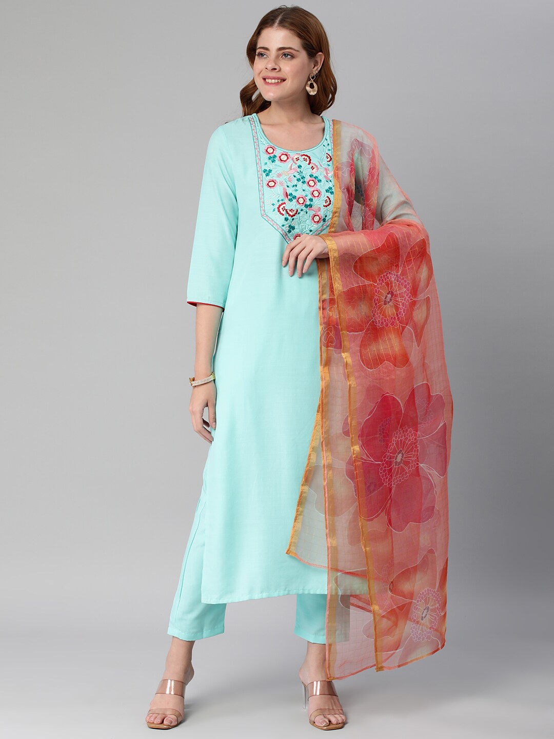 

KALINI Floral Embroidered Kurta with Trousers & Dupatta, Turquoise blue