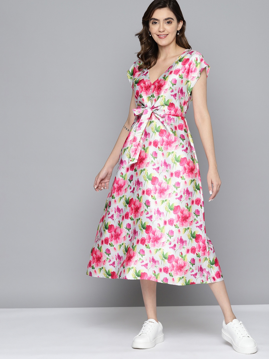 

Mast & Harbour Floral Print Satin A-Line Midi Dress With Tie-Up Detail, White