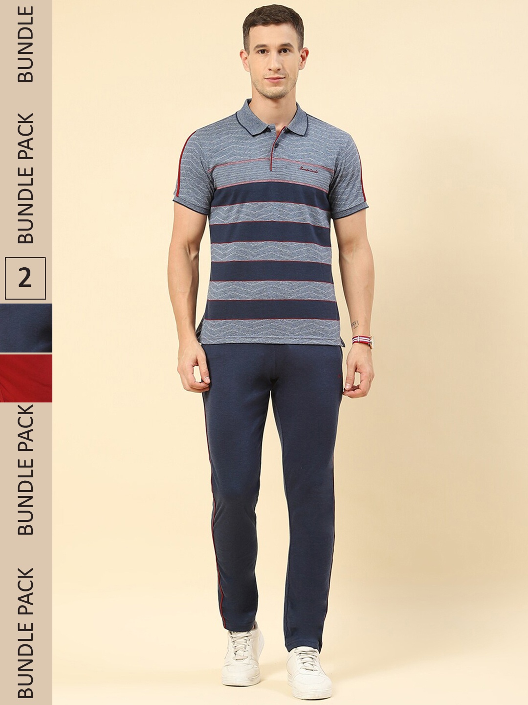 

Monte Carlo Pack Of 2 Striped T-shirt & Track Pants With Shorts, Navy blue