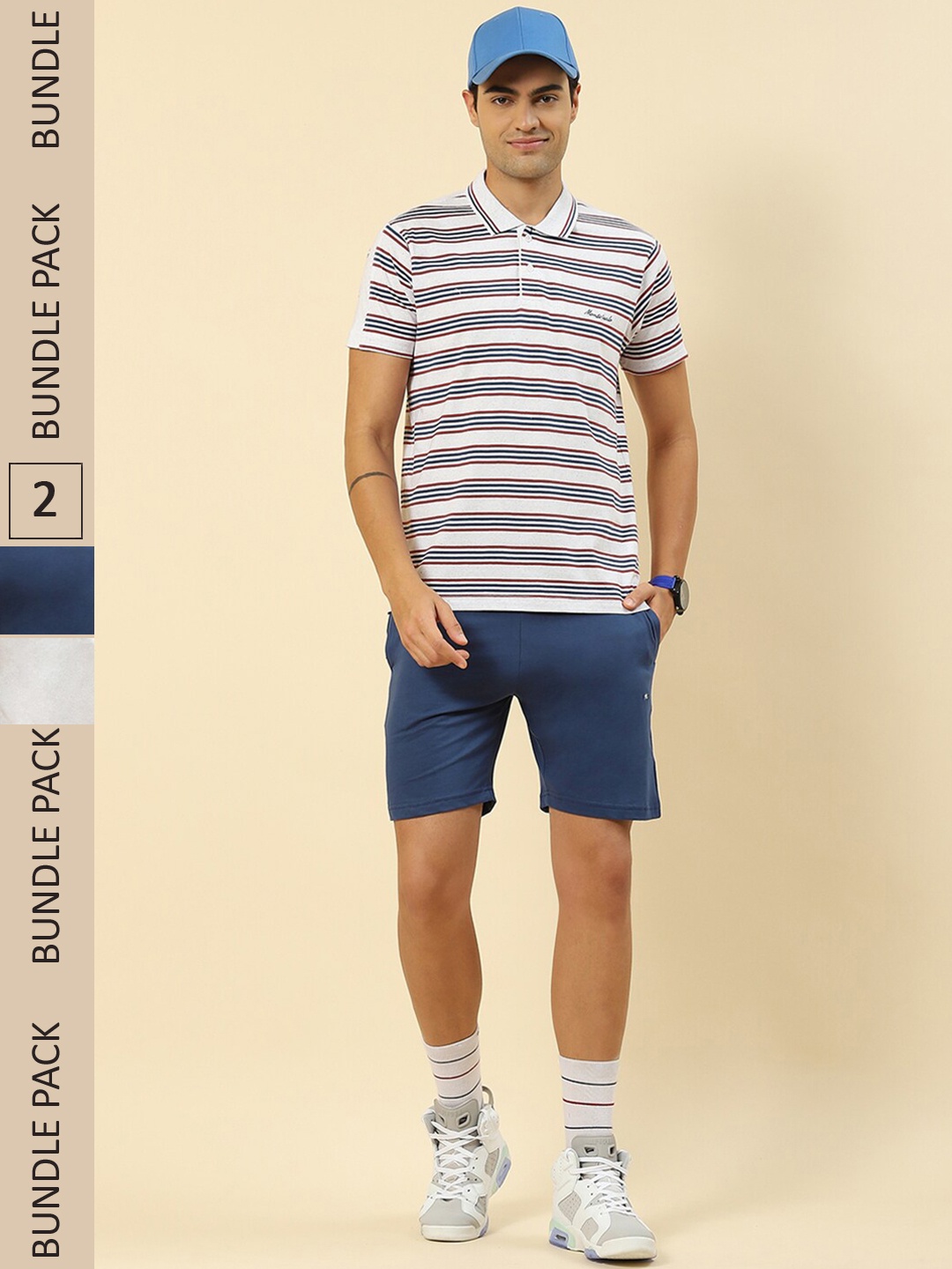 

Monte Carlo Pack Of 2 Striped T-shirt with Shorts & Track Pant, Navy blue