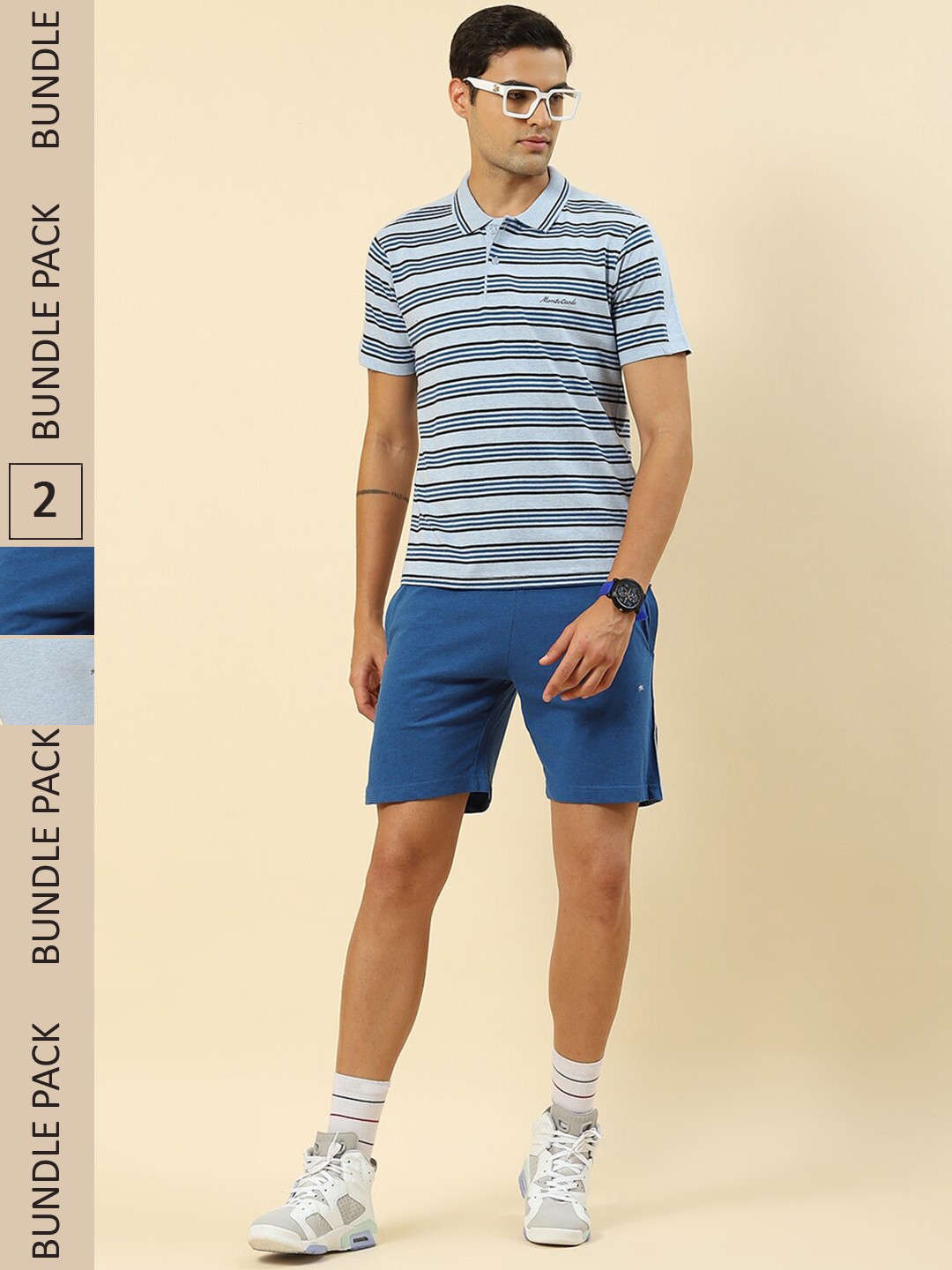 

Monte Carlo Pack Of 2 Striped T-shirt with Shorts & Track Pant, Blue