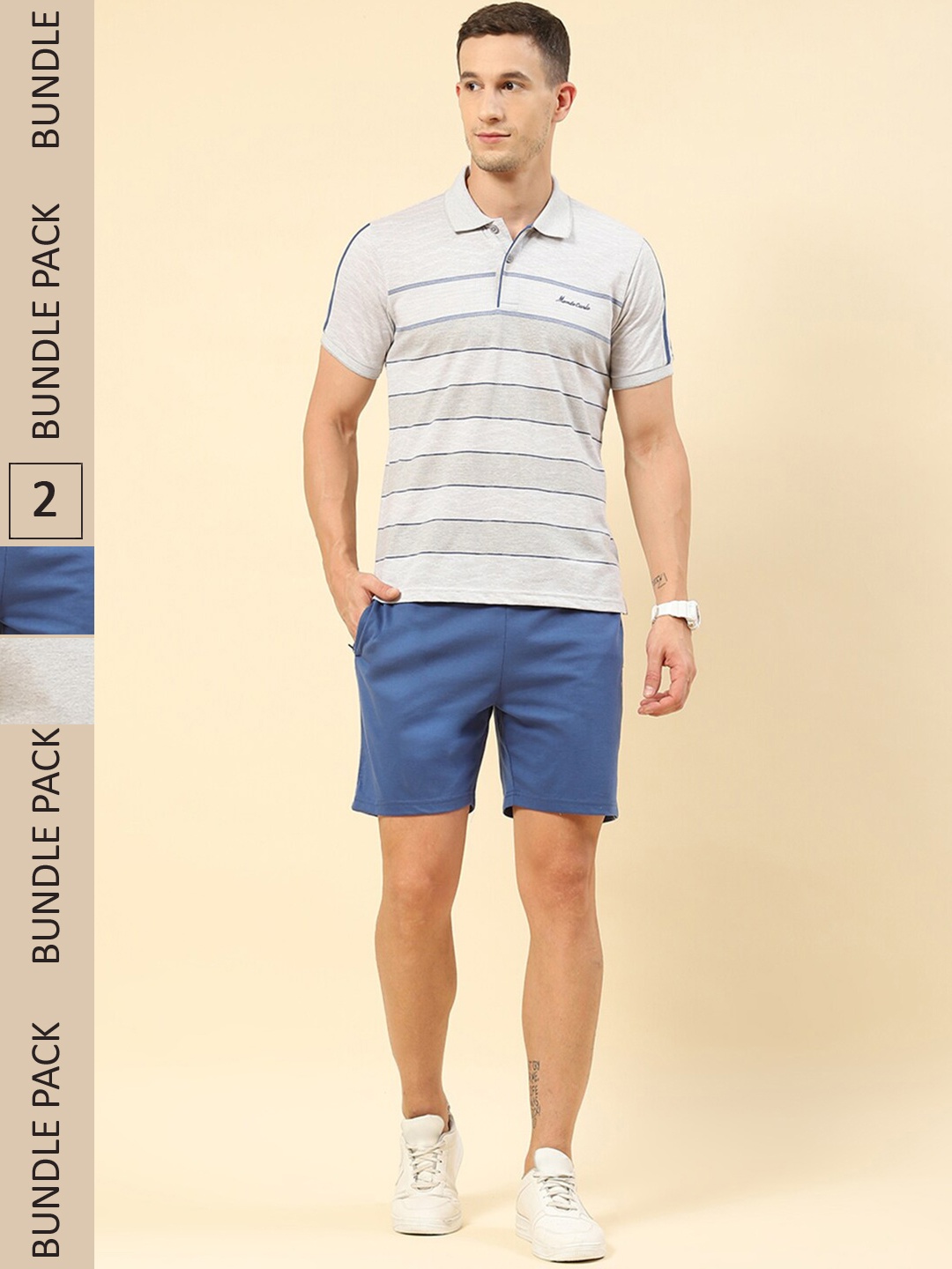 

Monte Carlo Pack Of 2 Striped T-shirt with Shorts & Track Pant, Blue