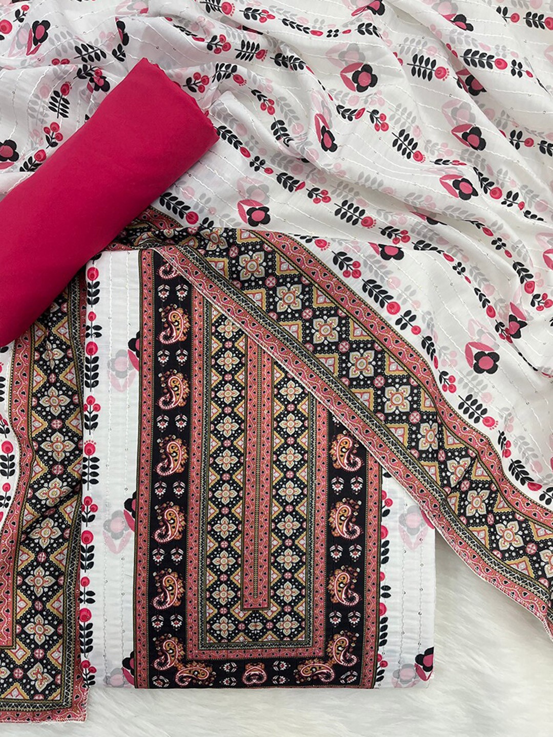 

JATRIQQ White & Red Printed Unstitched Dress Material