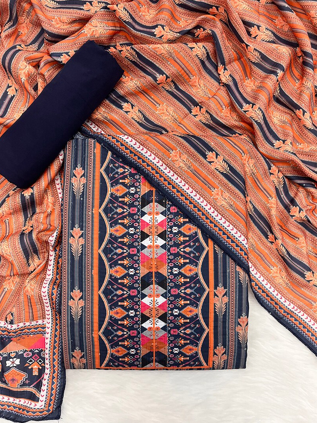 

JATRIQQ Navy Blue & Orange Printed Unstitched Dress Material