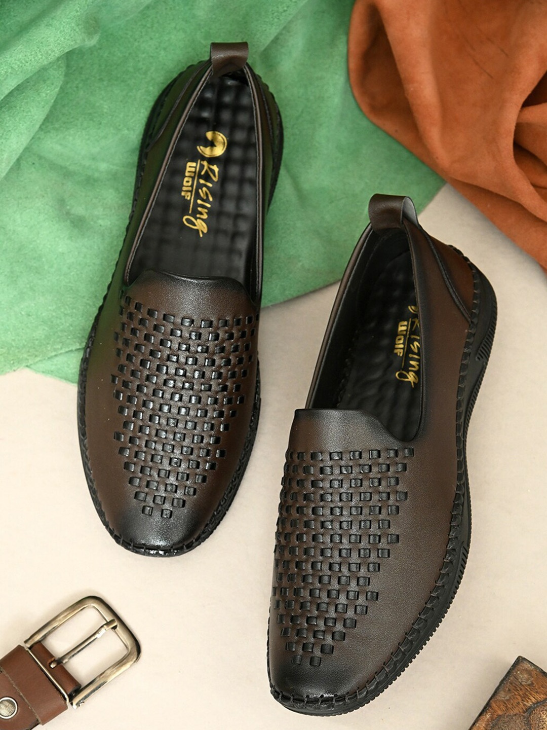

Rising Wolf Textured Slip-Ons Formal Loafers Shoes, Brown