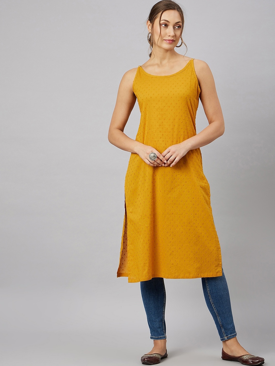 

Azira Woven Design Shoulder Straps Pure Cotton Kurta, Mustard