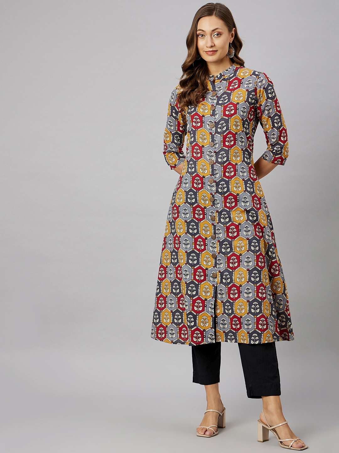 

Azira Mandarin Collar Floral Printed A-Line Pure Cotton Kurta, Grey