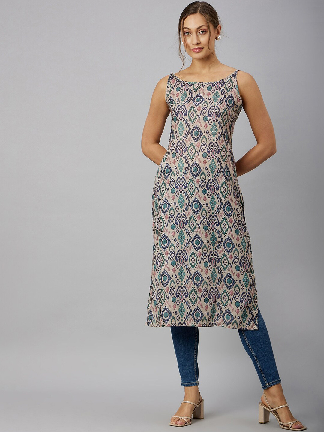 

Azira Shoulder Straps Ethnic Motifs Printed Kurta, Taupe