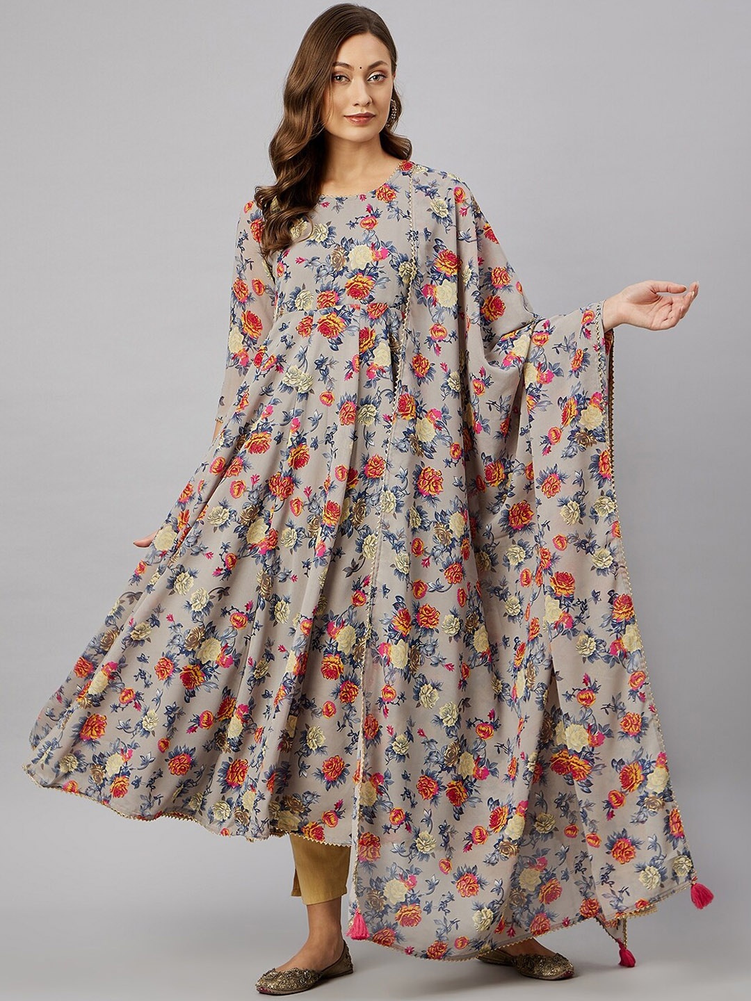 Azira Floral Printed Gotta Patti Georgette Anarkali Kurta With Dupatta, Grey