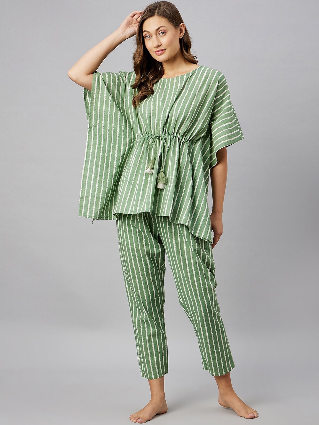

Azira Striped Pure Cotton Night Suit, Green