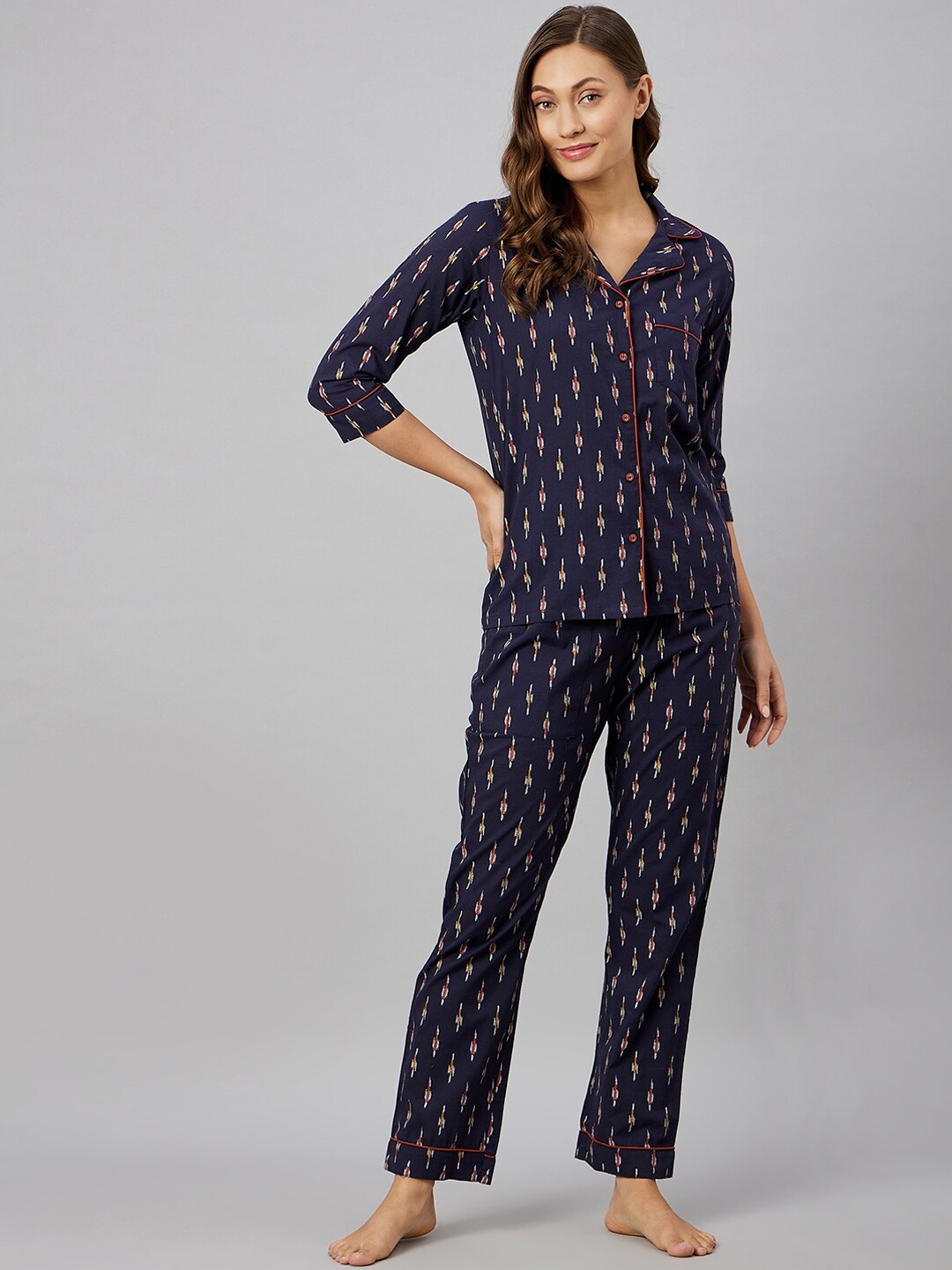 

Azira Ethnic Motifs Printed Pure Cotton Night Suit, Navy blue