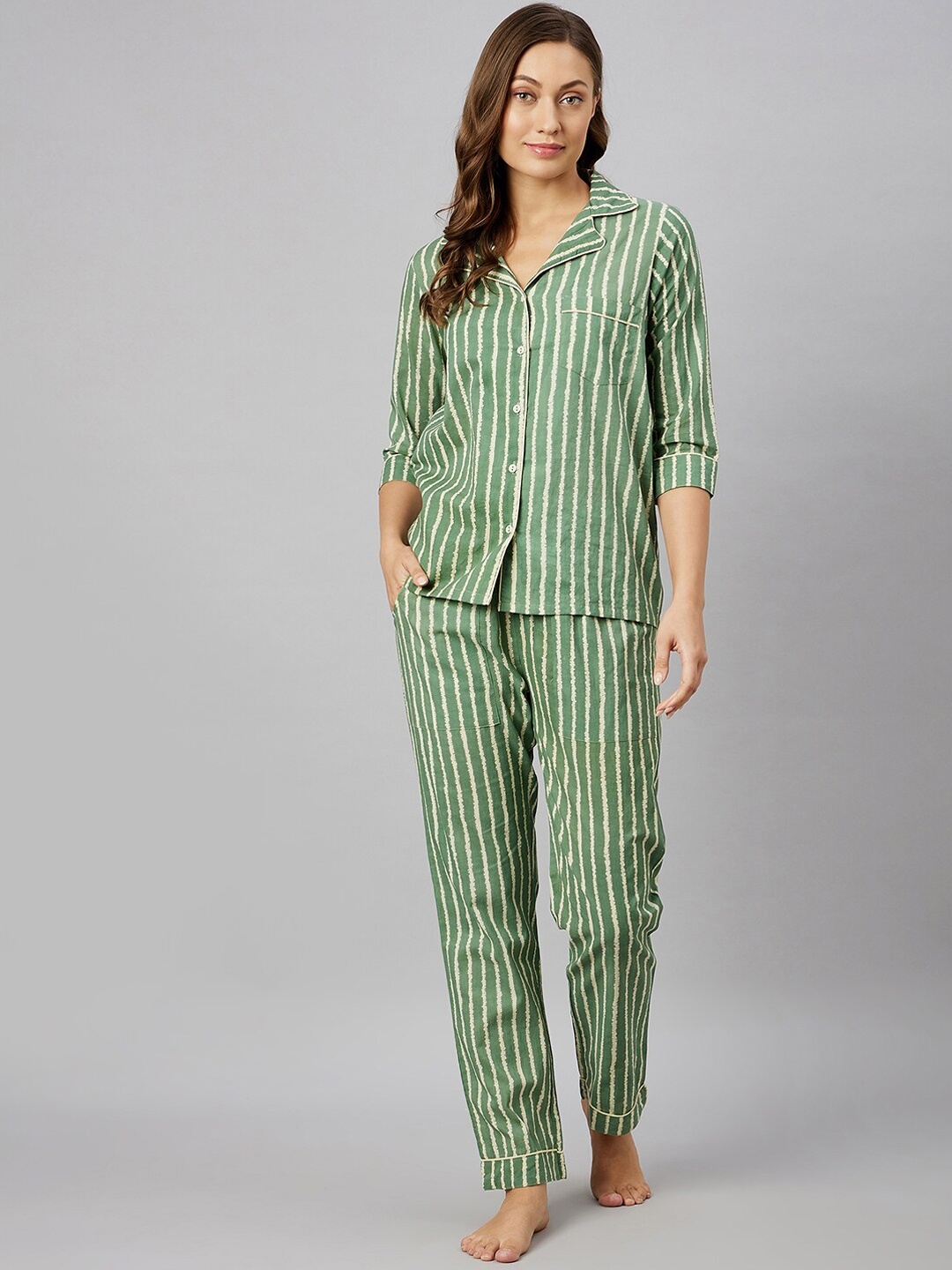 

Azira Striped Pure Cotton Night Suit, Green