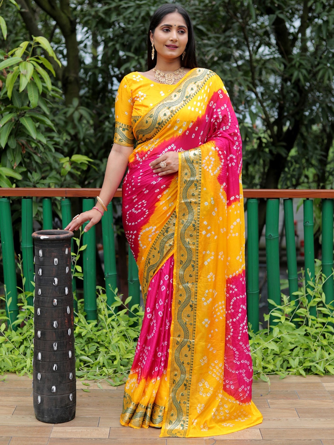

Mitera Yellow & Pink Bandhani Printed Zari Silk Saree