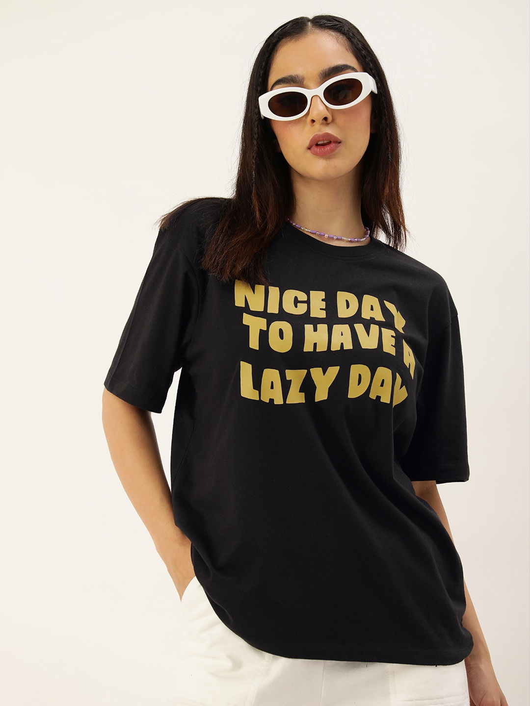 

Kook N Keech Women Typography Printed Pure Cotton Oversized T-shirt, Black