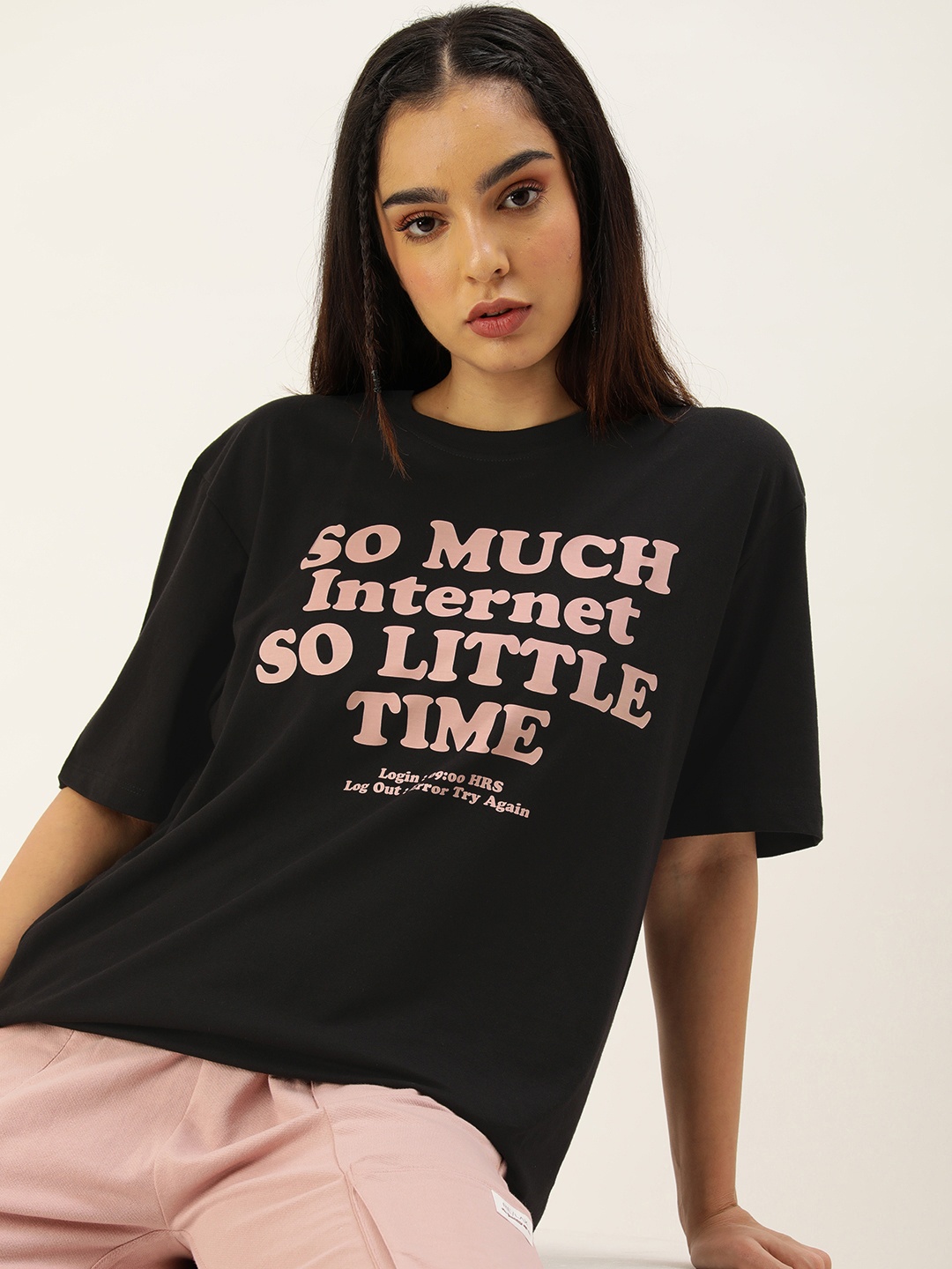 

Kook N Keech Women Typography Printed Pure Cotton Oversized T-shirt, Black