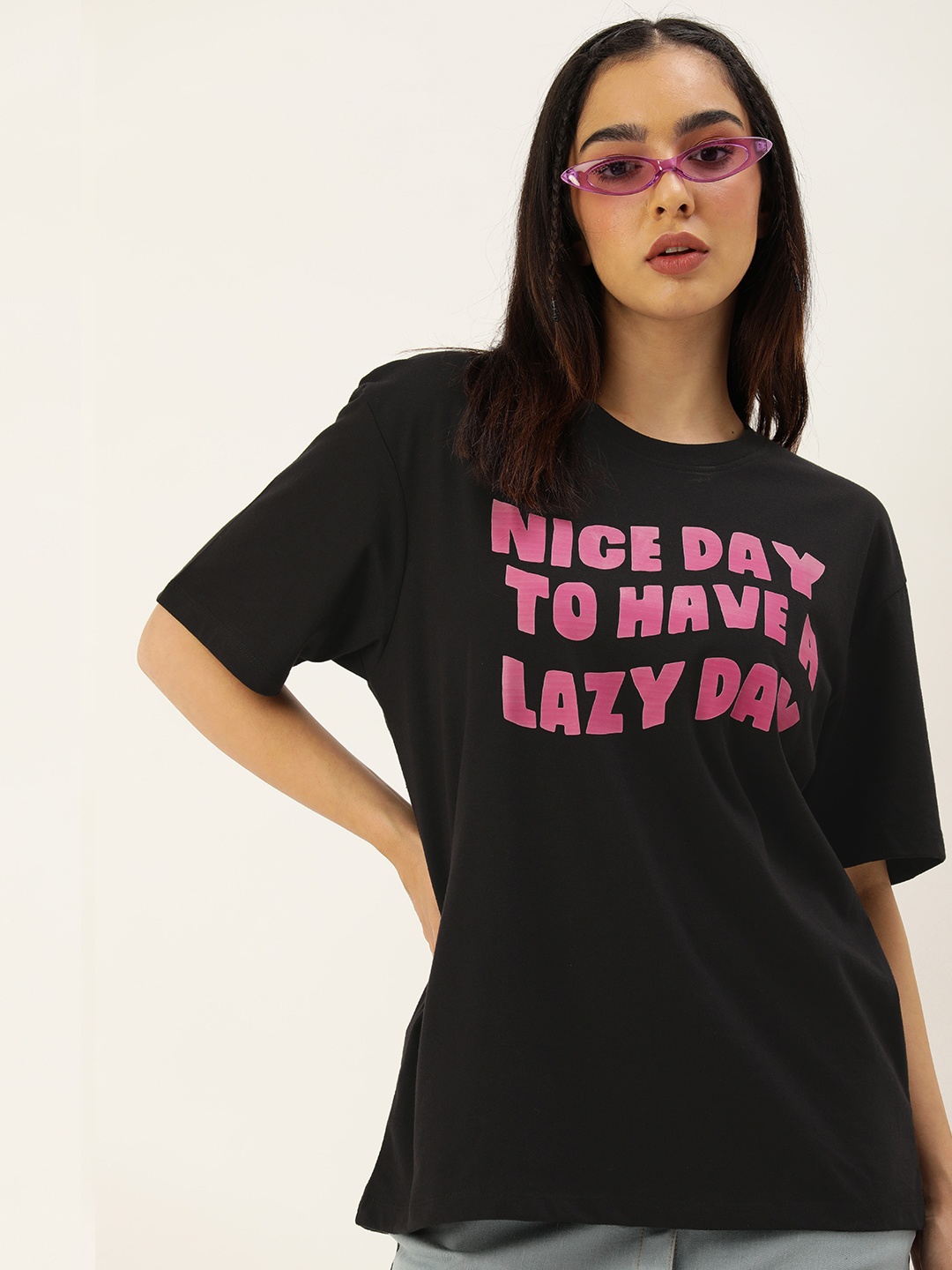 

Kook N Keech Women Typography Printed Pure Cotton Oversized T-shirt, Black