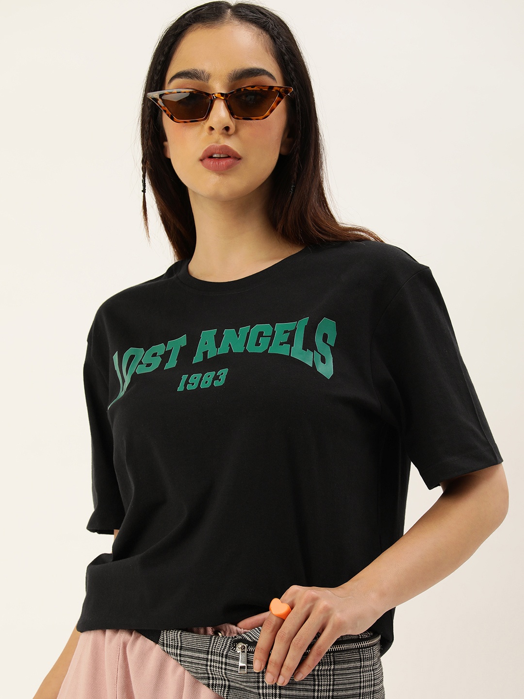 Kook N Keech Women Typography Printed Pure Cotton Oversized T-shirt, Black