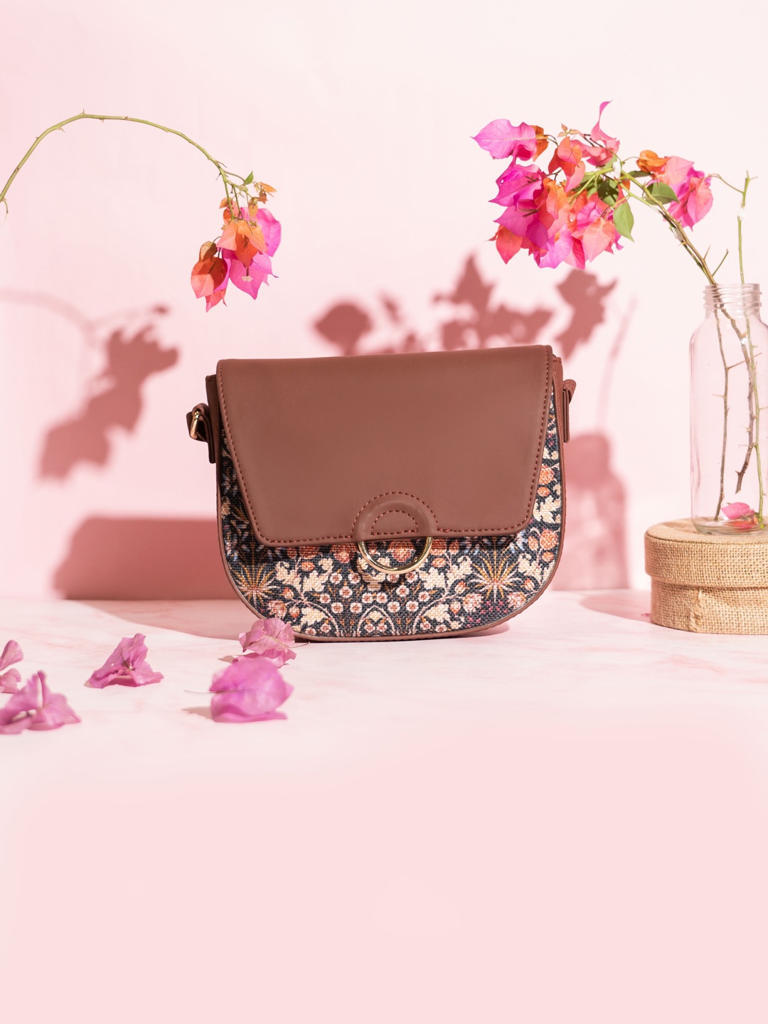 

ZOUK Floral Printed Half Moon Sling Bag, Brown