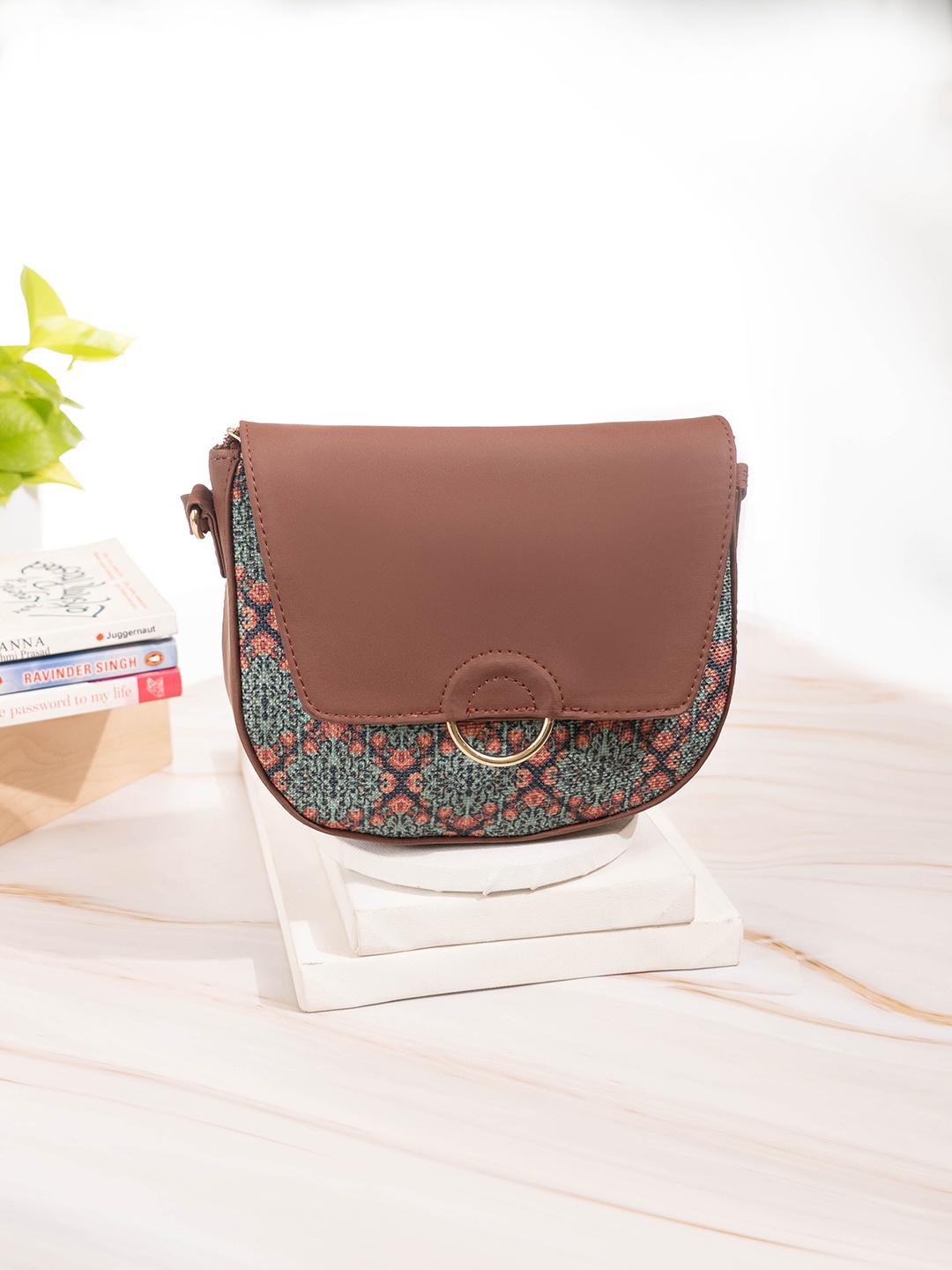 

ZOUK Ethnic Motifs Printed Half Moon Sling Bag, Green