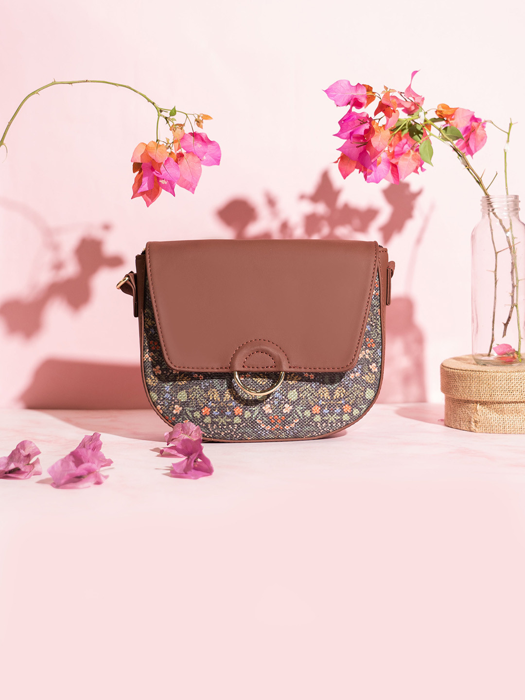 

ZOUK Floral Printed Half Moon Sling Bag, Brown