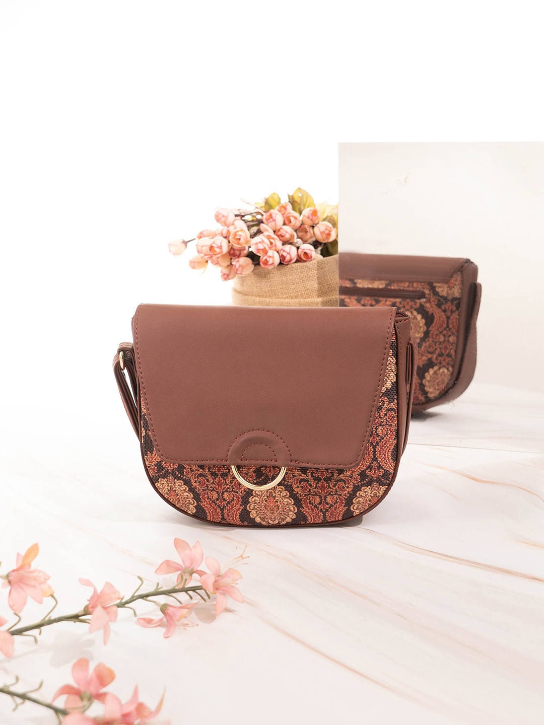 

ZOUK Ethnic Motifs Printed Half Moon Sling Bag, Brown