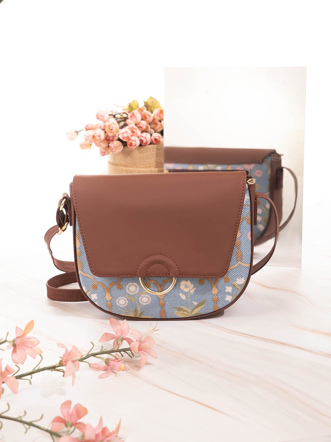 

ZOUK Floral Printed Half Moon Sling Bag, Blue