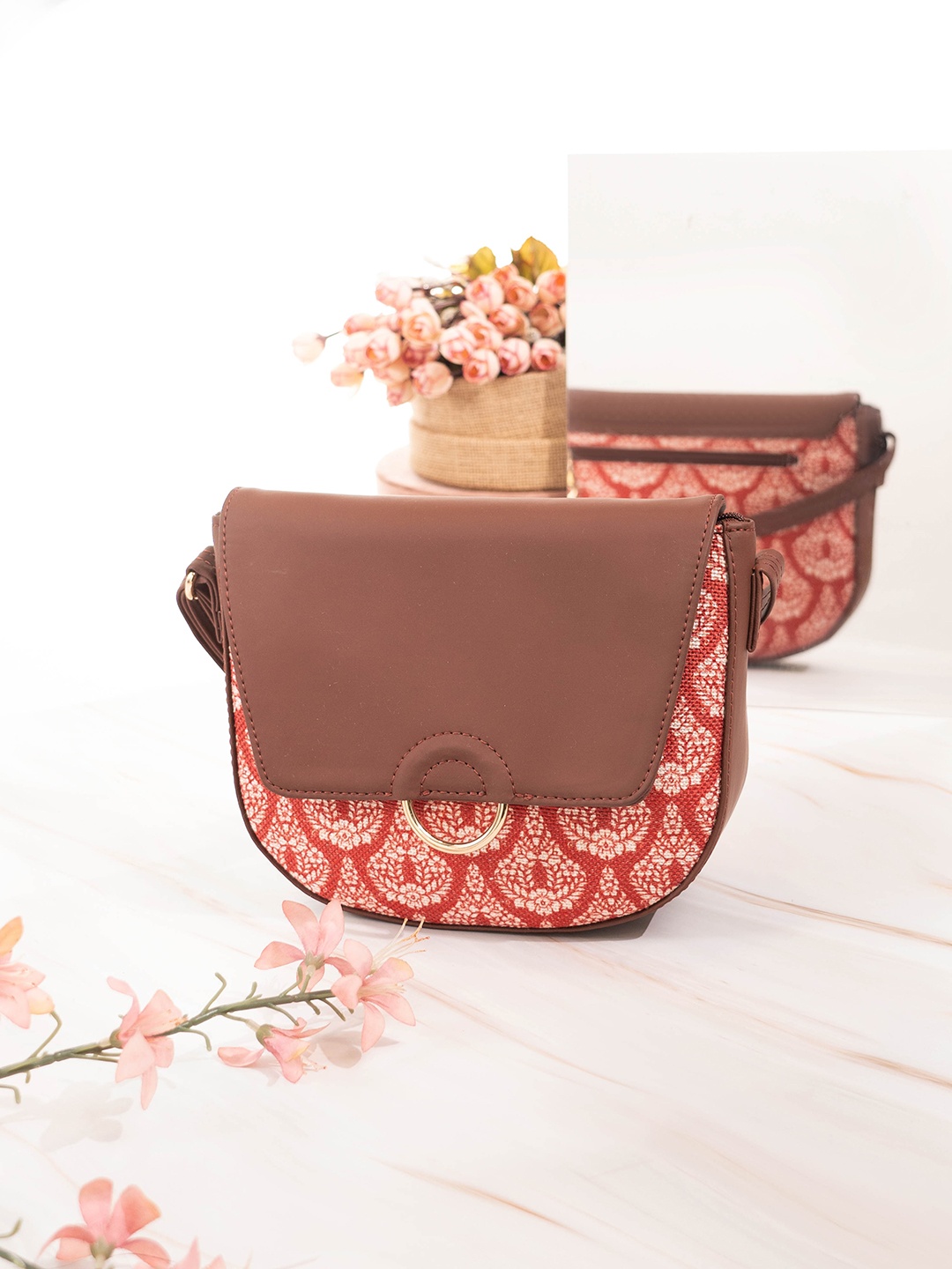 

ZOUK Floral Printed Half Moon Sling Bag, Red
