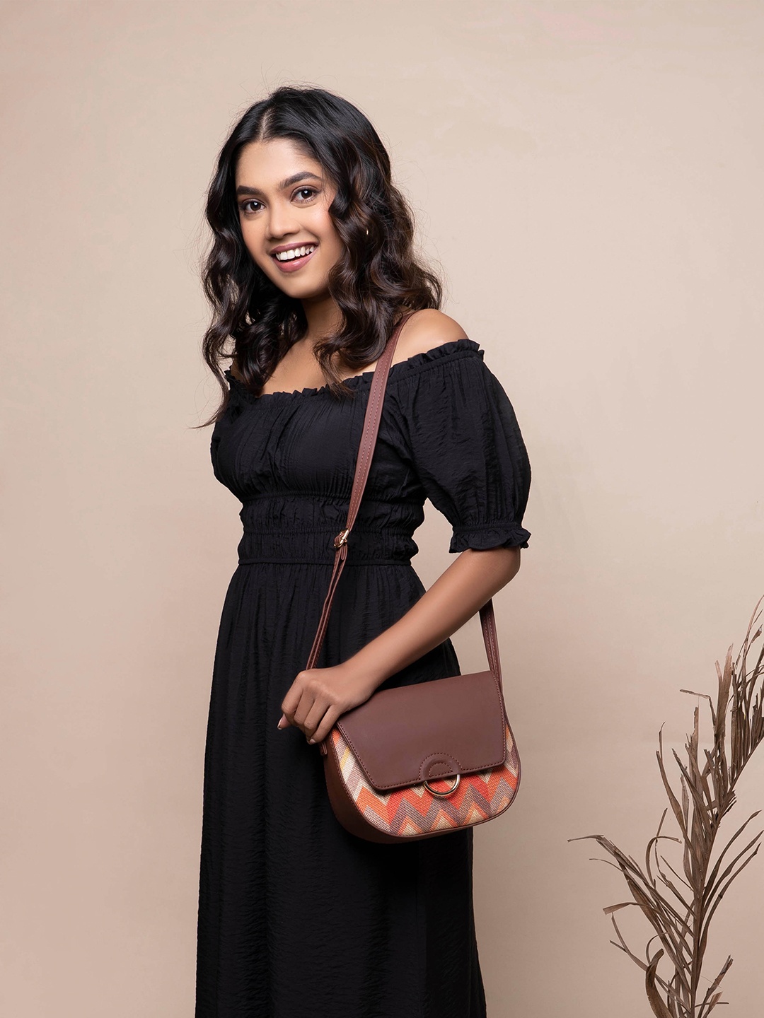 

ZOUK Geometric Printed Structured Sling Bag, Peach