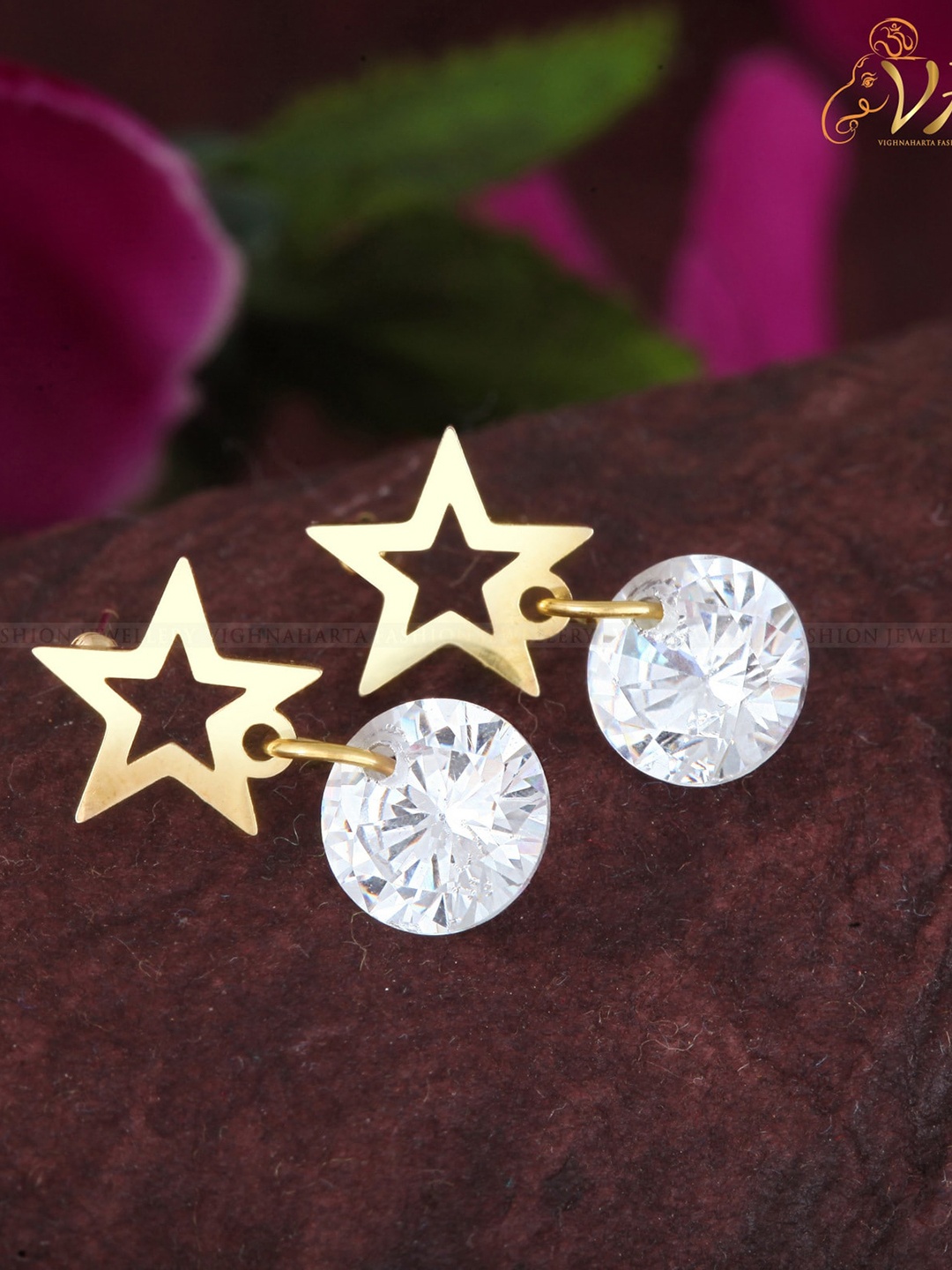 

Vighnaharta Gold-Plated Star Shaped CZ Studded Drop Earrings