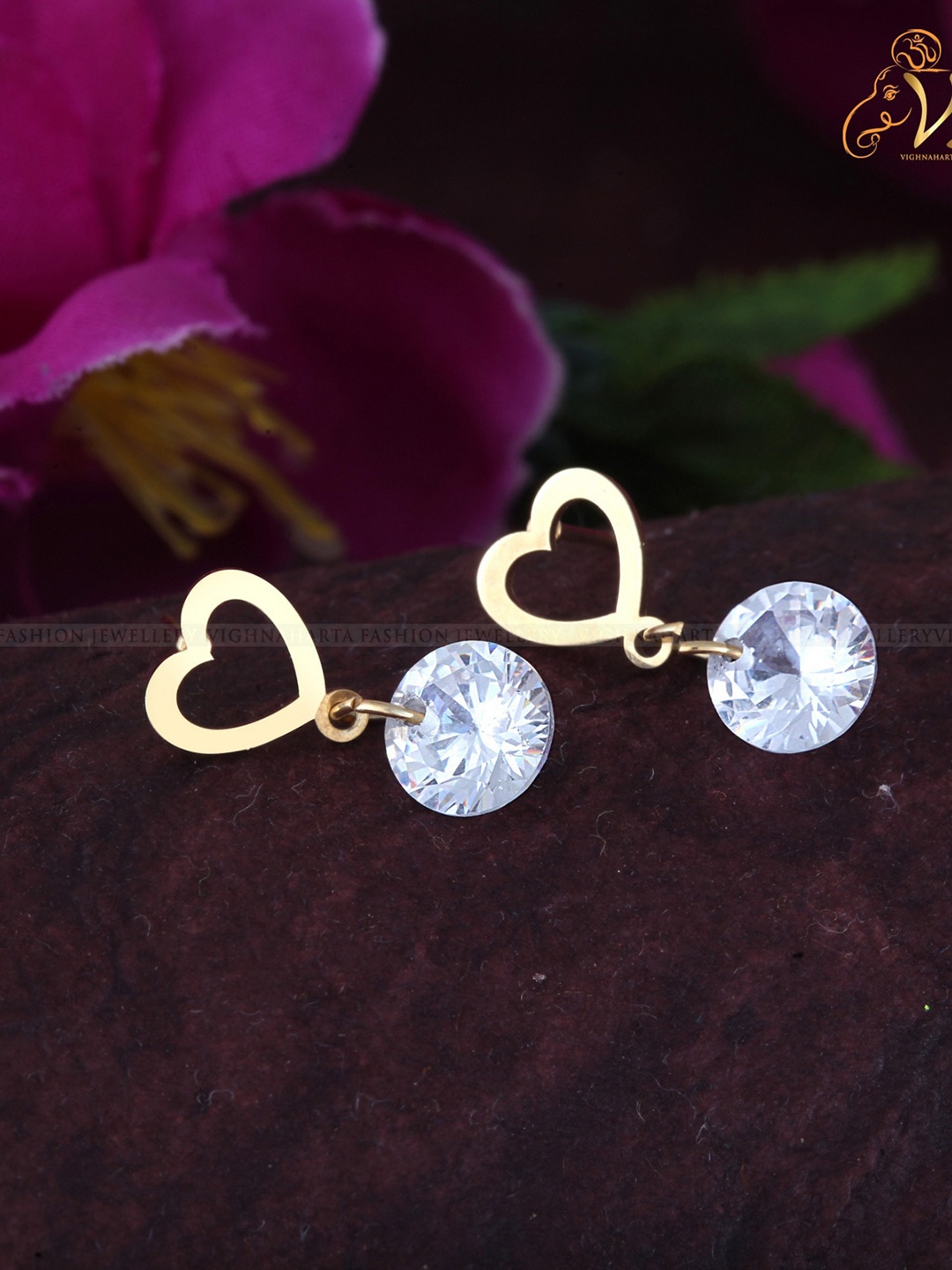 

Vighnaharta Gold-Plated Heart Shaped CZ Studded Drop Earrings