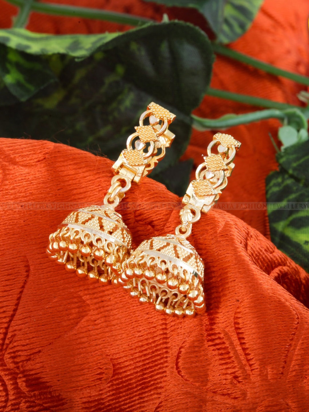 

Vighnaharta Gold-Plated Dome Shaped Jhumkas Earrings