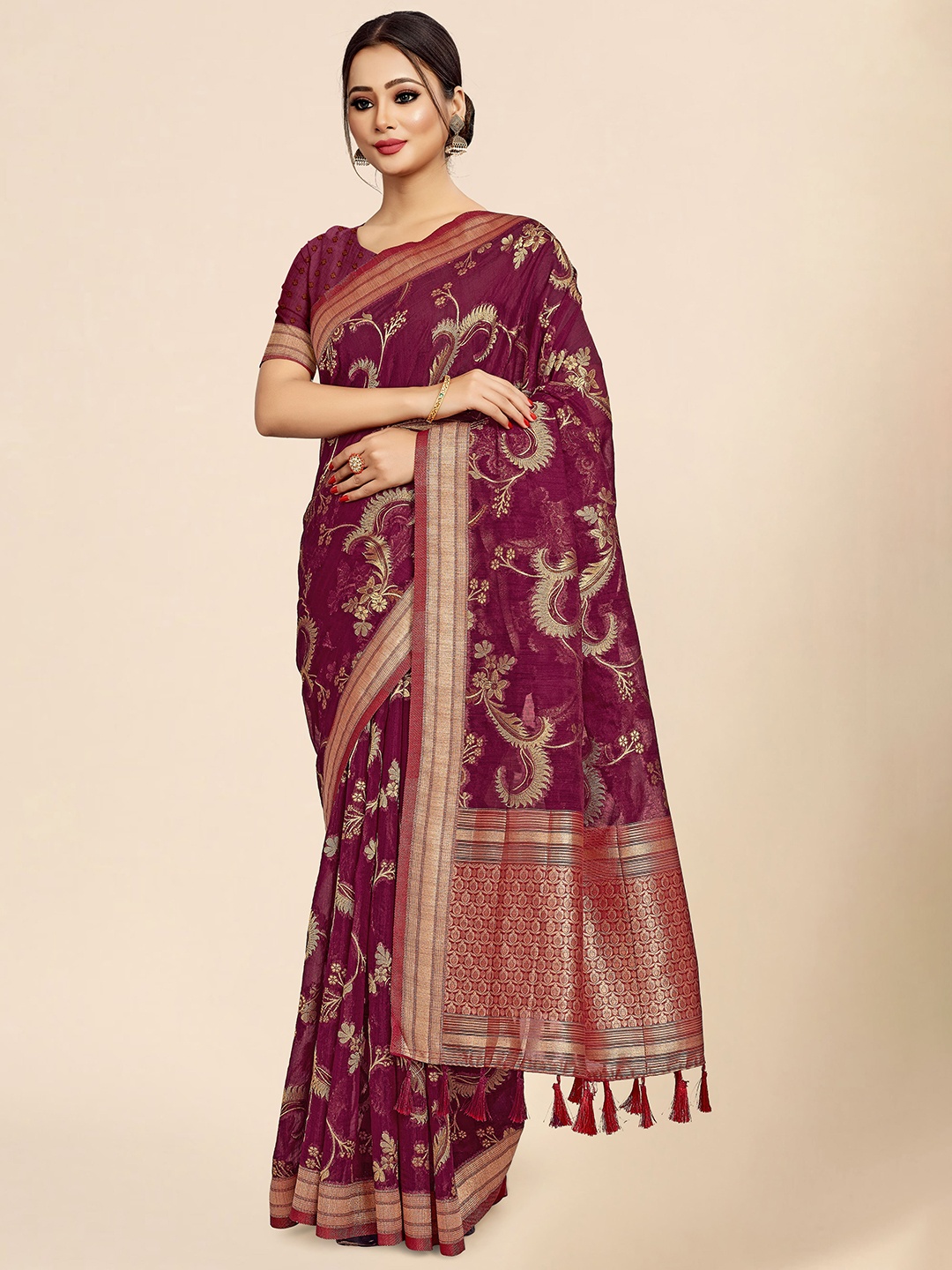 

elora Floral Woven Design Zari Organza Banarasi Saree, Magenta