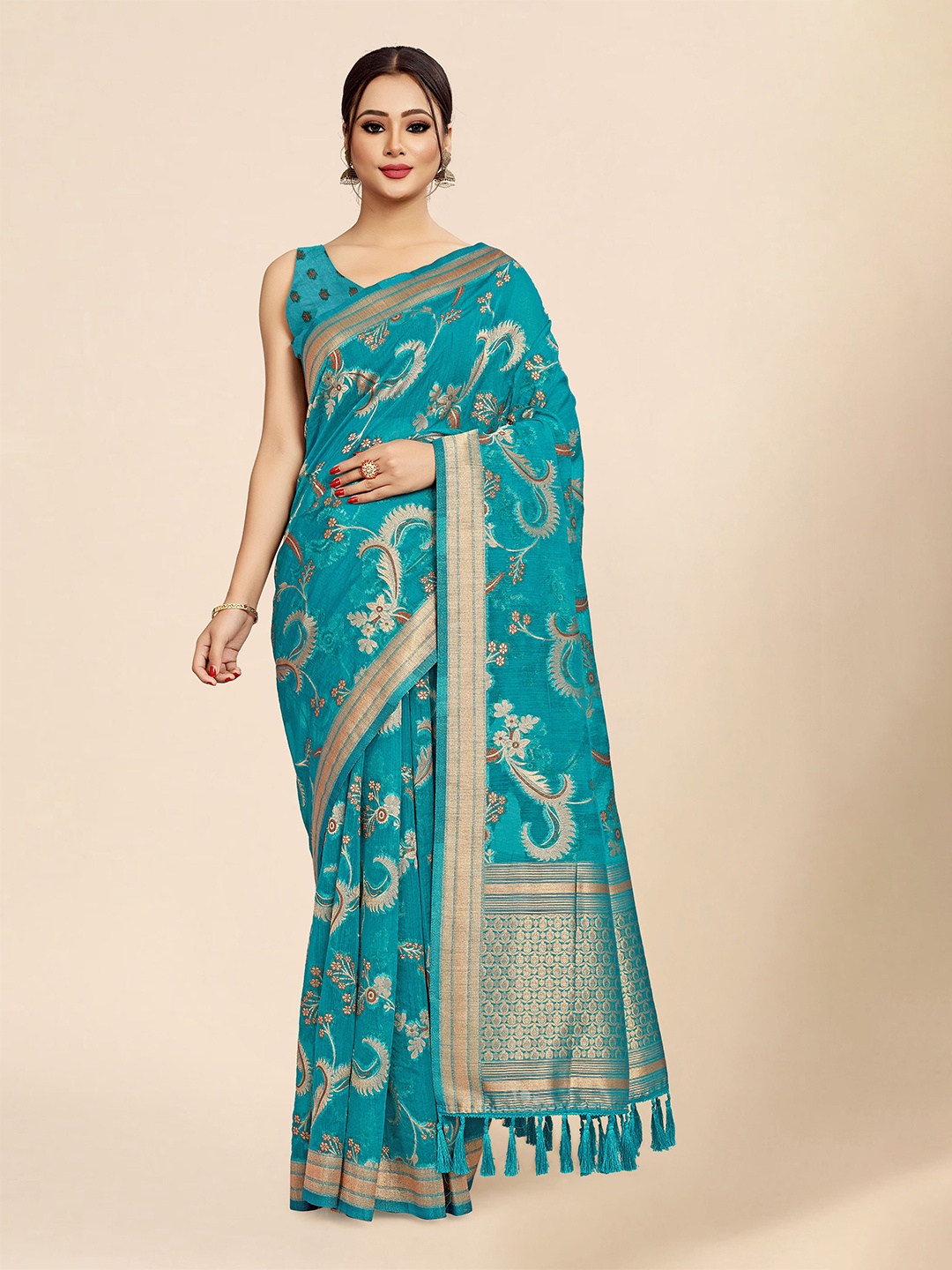 

elora Ethnic Motif Zari Organza Banarasi Saree With Blouse Piece, Teal