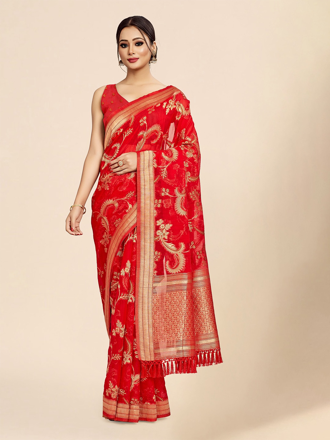 

elora Floral Woven Design Zari Organza Banarasi Saree, Red