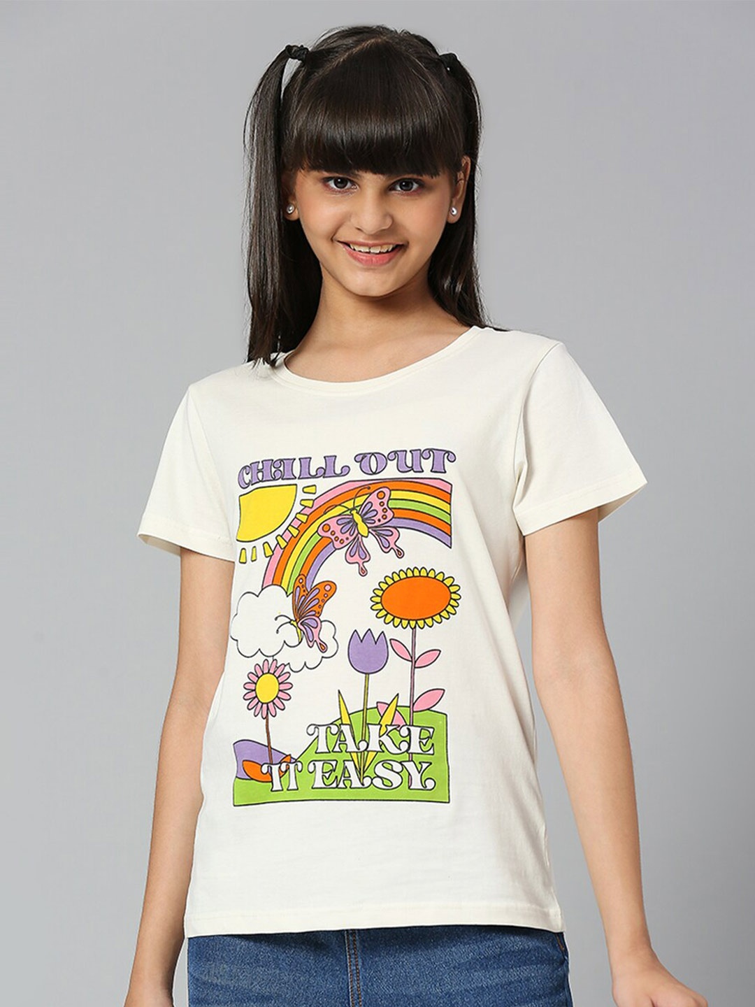 

JUSTICE Girls Graphic Printed Cotton T-Shirt, Off white