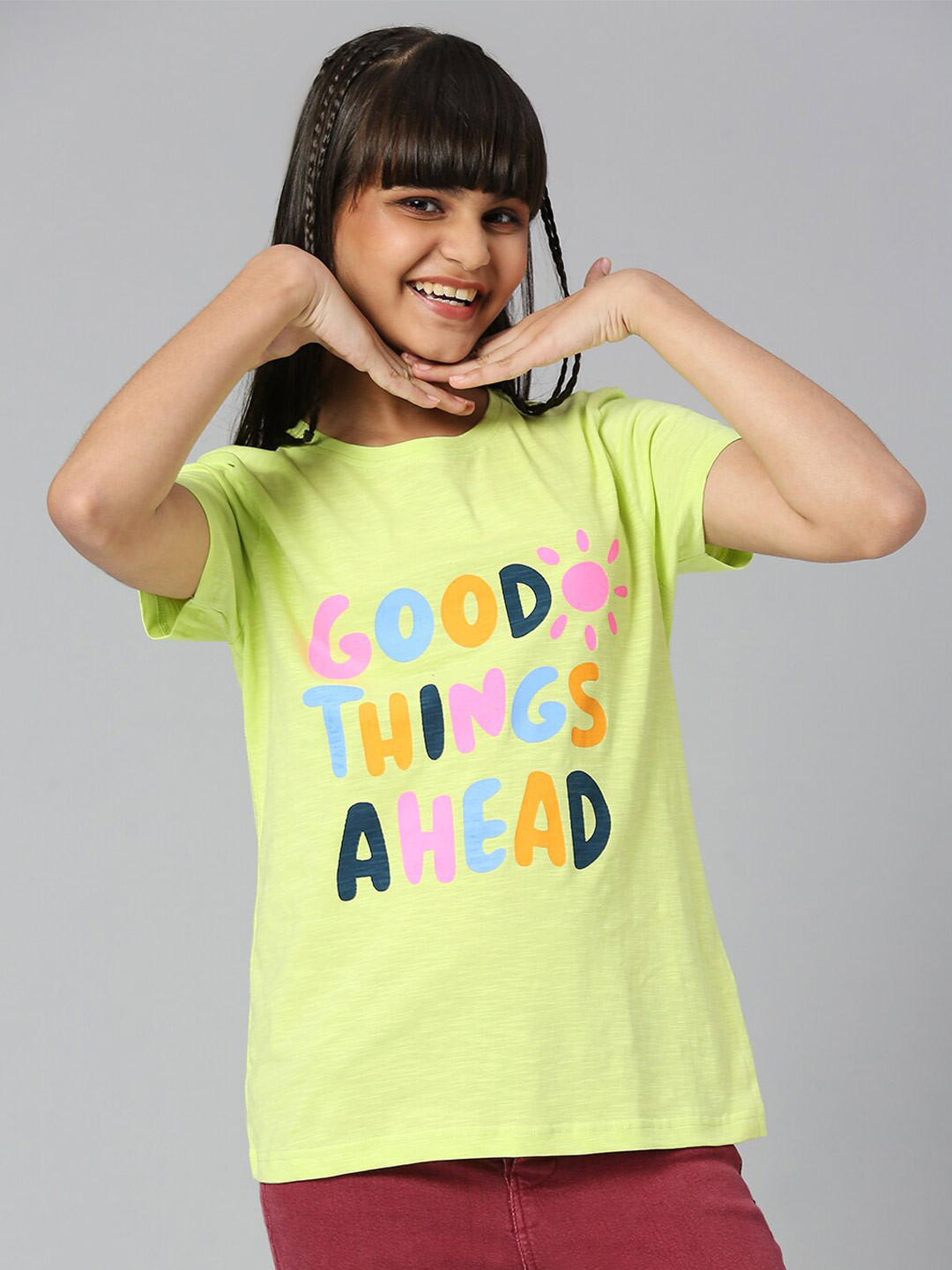 

JUSTICE Girls Typography Printed Cotton T-Shirt, Green