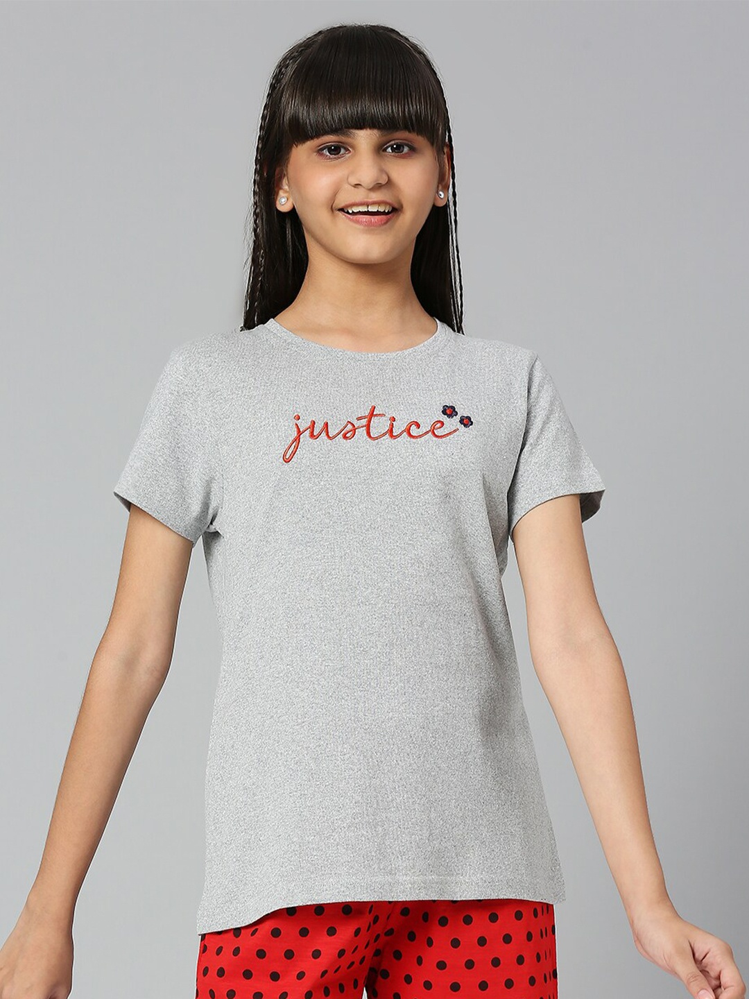 

JUSTICE Girls Typography Printed Cotton T-Shirt, Grey