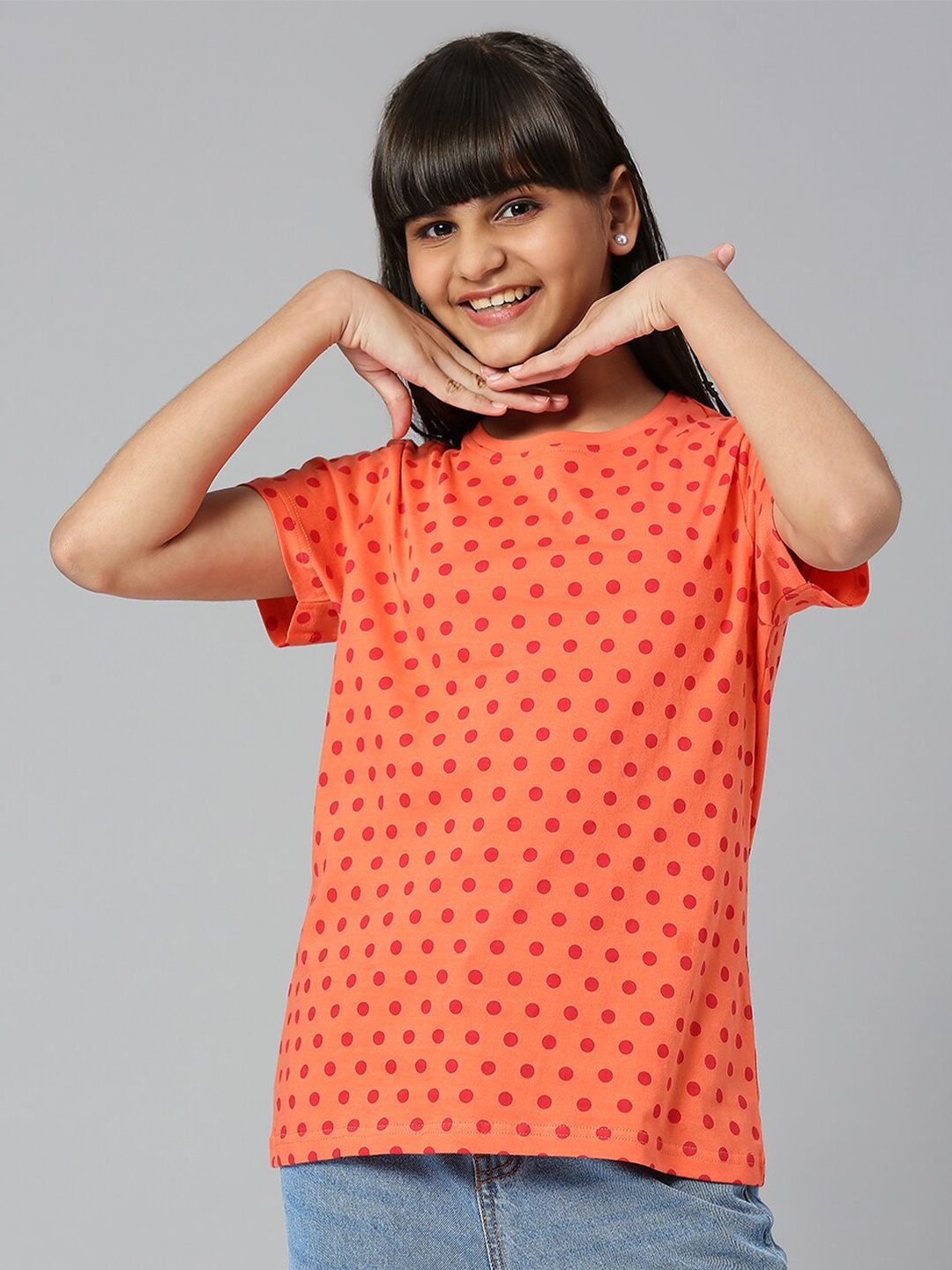 

JUSTICE Girls Polka Dots Printed Cotton T-Shirt, Orange