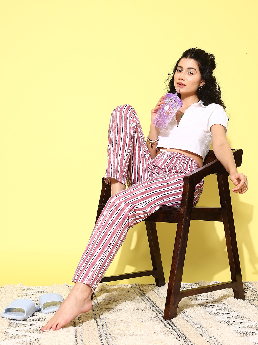 

ETC Women Striped Cotton Lounge Pants, Brown