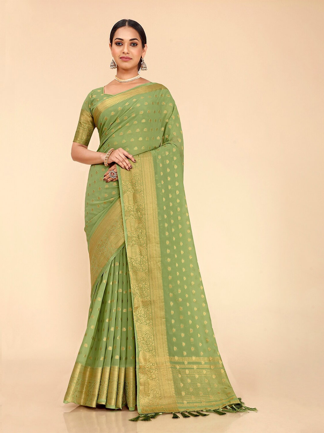 

elora Ethnic Motif Zari Poly Georgette Banarasi Saree With Blouse Piece, Green