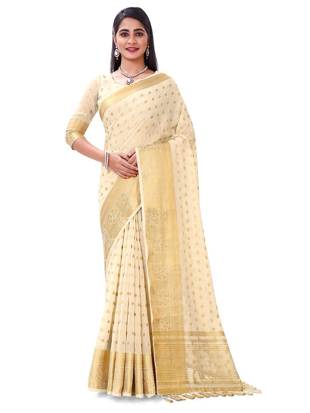 

elora Ethnic Motif Zari Poly Georgette Banarasi Saree With Blouse Piece, Off white