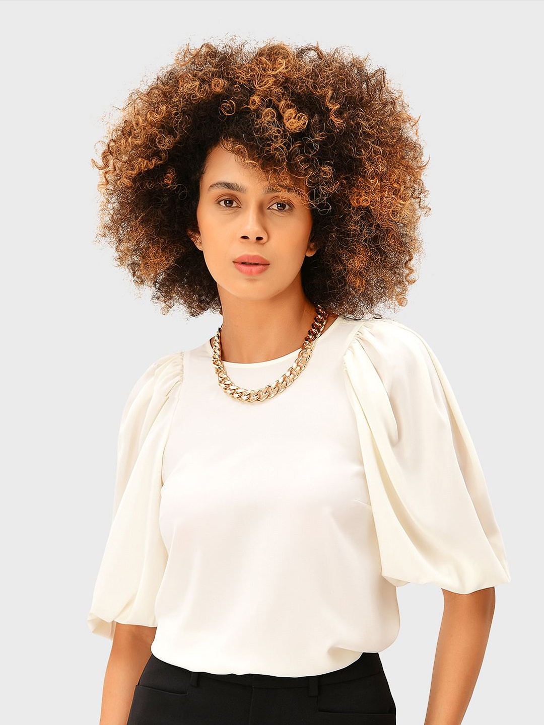 

Zapelle Round Neck Puff Sleeve Top, Off white