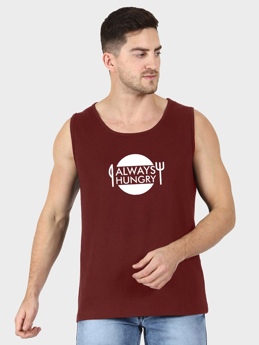 

T-SHIRT TRUCK Typography Printed Sleeveless Cotton T-shirt, Maroon