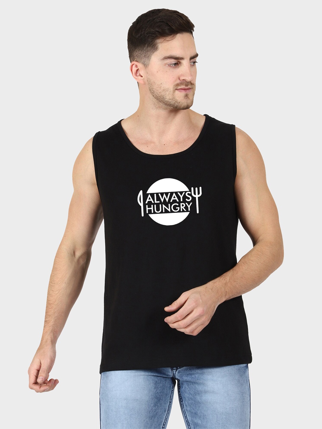 

T-SHIRT TRUCK Typography Printed Sleeveless Cotton Casual T-shirt, Black