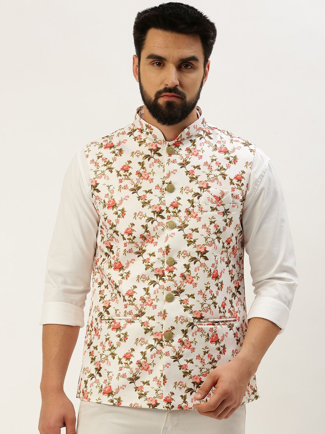 

SHOWOFF Floral Printed Nehru Jackets, White